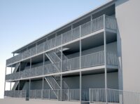 A more ordered elevation is the result of pushing all of the structure and railings to the edge. That should also save some money on the railings by making them more rational. Option 2
