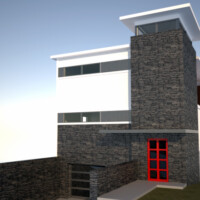 Here is the exterior. The most notable features, other than the high modern styling, is the stone stair tower and the half sub-grade garage. Exterior