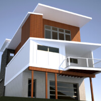 On the back, you can see the walk-out garage/basement and the large balconies. To provide some privacy to the closer neighbor, we included a partial wall that would obstruct views of the deck but not from the interior. Rear Render
