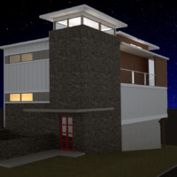 A rendering of the home at night highlighting the stair tower windows Night Render