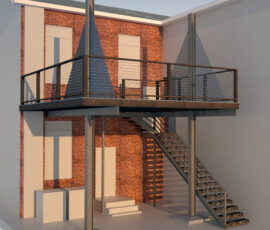This is a view of the single level option. The client wanted a cable stayed structure made of corten steel attached to an hisotirc downtown property