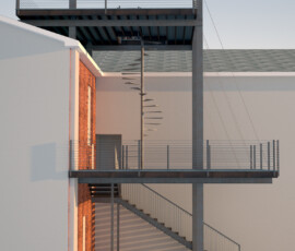 The cable stayed detailing is more subtle on the two story version, but in many ways, this is a lot clearner of a design. Whether or not the existing brick walls could take the load would have been a major concern had we gotten to that point.