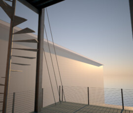 The view looking out from the mid-level in this dseign. You can see the spiral stair (no railing in this simple rendering) and the wider spaced cables that help to support the cantilever.