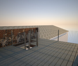 A view from the top level, with a rusted steel privacy rail on the side, and open view rails to allow views of the downtown area.
